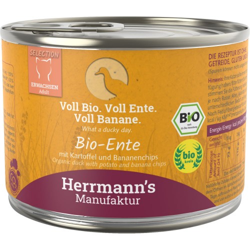 60er-SET Bio Ente mit Kartoffeln und Bananenchips 200g Gluten-getreide- laktosefrei Katze Nassfutter Herrmann